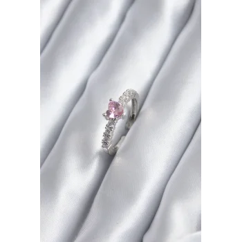 Gümüş Renk Zirkon Taşlı Pembe Kristal Kalp Model Kadın Yüzük