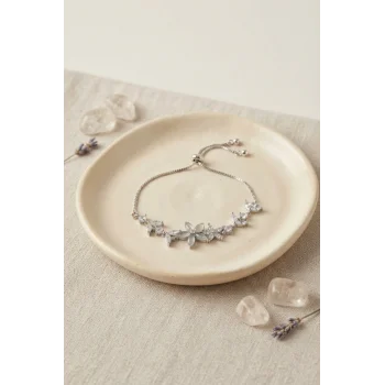 Gümüş Renk Zirkon Taşlı Pirinç Sedefli Çiçek Model Asansörlü Bileklik