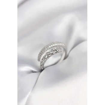 Gümüş Renk Zirkon Taşlı Sarmal Kadın Yüzük