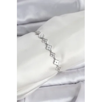 Gümüş Renk Zirkon Taşlı Sıralı Yonca Model Asansörlü Kadın Bileklik