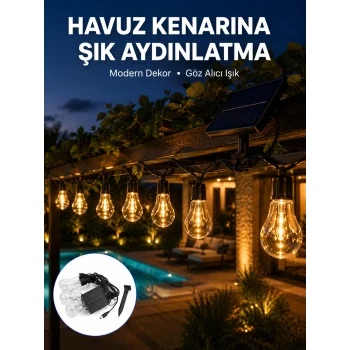Güneş Enerjili Dış Mekan LED Ampul Işık Zinciri Bahçe ve Teras Dekorasyonu
