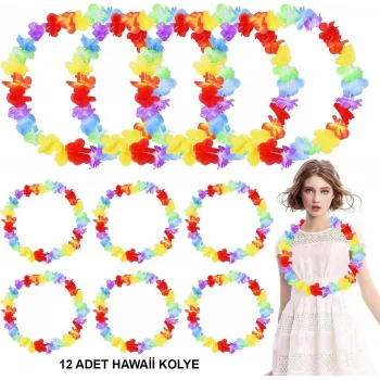 Hawaii Çiçekli Boyun Kolyesi - Renkli Tropikal Parti Leisi 12 Adet