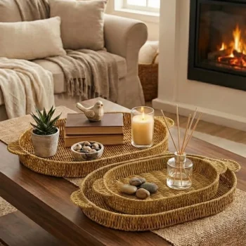 İç İçe Geçebilen 3’lü Oval Plastik Rattan Tepsi Seti–Hasır Görünümlü Çok Amaçlı Servis ve Sunum Tepsileri (5047)