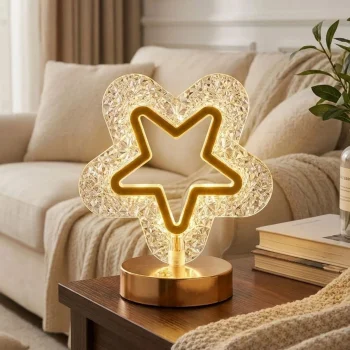 İçi Boş Yıldız Şeklinde Kristal LED Masa Lambası – Dokunmatik, 3 Renk Işık Modlu, Şarjlı Mini Dekoratif Gece Lambası (5047)