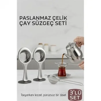 Çay Süzgeci Seti - 3 Parça Profesyonel Ve Kulplu Demlik Filtresi Paslanmaz Çelik 718934