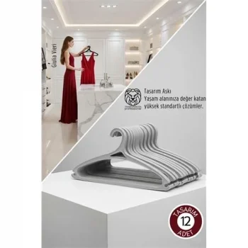 Giulia Vieri Selection: 12li Premium İtalyan Tasarım İnce Siluet Kaymaz Elbise Askısı Seti Gri 722748