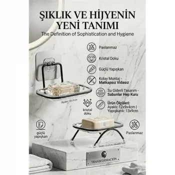 Yapışkanlı Ve Ayaklı Sabunluk Seti – Su Giderli, Katı Sabun Kutusu 723055