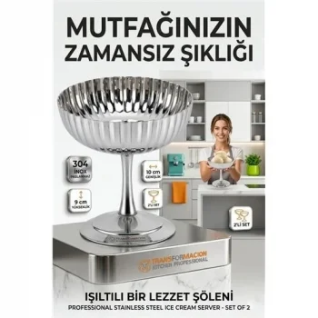 2li Profesyonel İnox Gümüş Paslanmaz Çelik Ayaklı Dondurma Ve Tatlı Sunum Kasesi Seti 723148