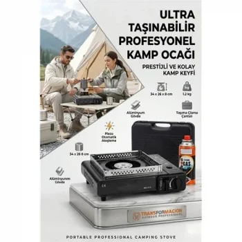 Çantalı Siyah Portatif Kamp Ocağı + 1 X Kartuş  Piknik Ocağı Otomatik Ateşlemeli 723182