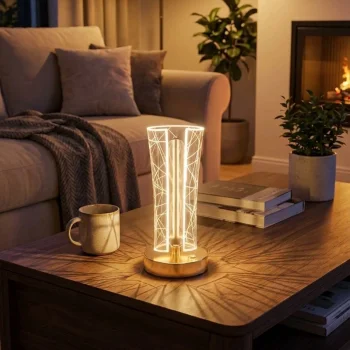 İki Yandan Kavisli Silindirik Geometrik Çizgi Model Kristal LED Masa Lambası – Dokunmatik, 3 Renk Işık Modlu, Şarjlı Dekoratif Gece Lambası (5047)