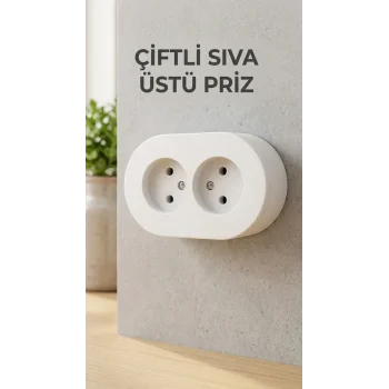 İkili Beyaz Topraklı Priz Modern Sıva Üstü Tasarım Duvar Elektrik Prizi