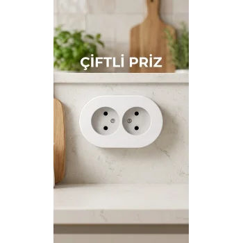 İkili Beyaz Topraklı Sıva Üstü Priz - Modern Elektrik Çiftli Priz