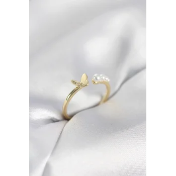 İncili Kelebek Model Gold Renk Pirinç Kadın Yüzük