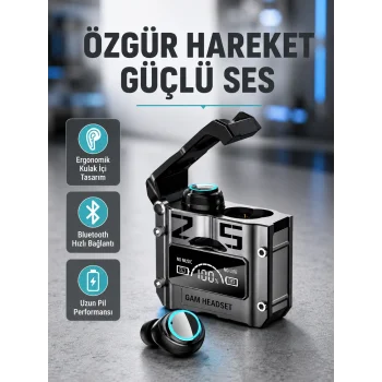IPX5 Su Geçirmez Kablosuz Bluetooth Kulaklık – Powerbank Şarj Kutulu, Düşük Gecikmeli Oyun Modu