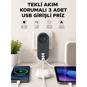Isıya Dayanıklı 3 USB Portlu Güvenlikli Priz – Akıllı Enerji Yönetimi