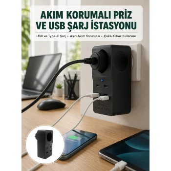Isıya Dayanıklı PC Gövdeli Akım Korumalı Priz 4 USB Yeni Nesil