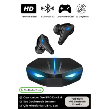 K55 Tws Pro Oyuncu Kulaklığı 3d Stereo Ses Extra Bass Işıklı Mikrofonlu Bluetooth Kablosuz Kulaklık