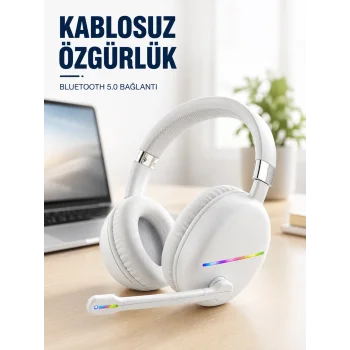Kablosuz Bluetooth Mikrofonlu Beyaz Kulaklık  RGB Işıklı