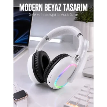 Kablosuz Bluetooth Mikrofonlu Beyaz Kulaklık  RGB Işıklı