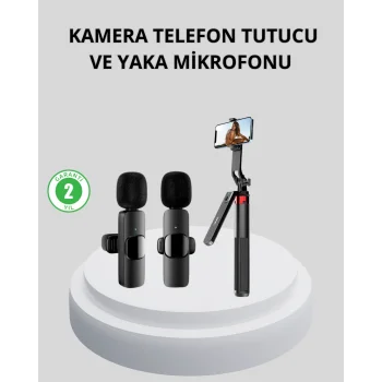 Kablosuz Çift Yaka Mikrofonu ve Tripodlu Selfie Çubuğu İçerik Üretici Seti