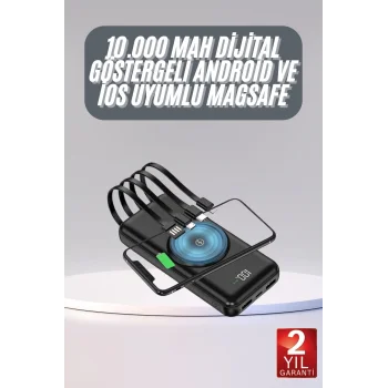 Kablosuz Çoklu Şarj Girişli 10.000 Mah Kablolu Powerbank Taşınabilir