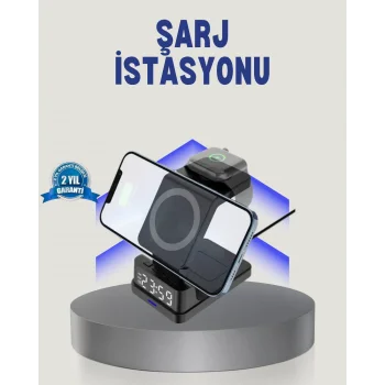 Kablosuz Şarj Cihazı ve Dijital Saat 4’ü 1 Arada Hızlı Şarj, LED Işıklı Tasarım