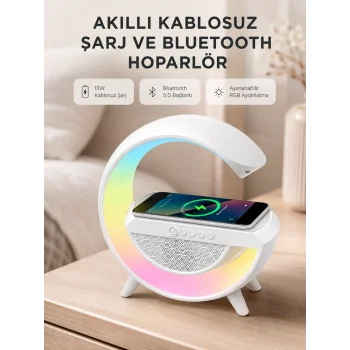 Kablosuz Şarjlı Bluetooth Hoparlör ve Gece Lambası – NFC, FM Radyo, RGB Işık