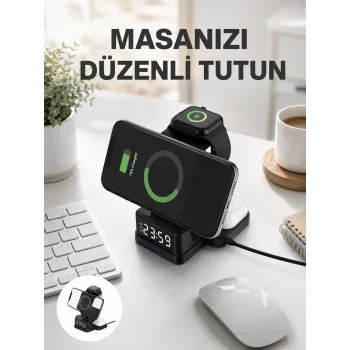 Kablosuz Şarjlı Dijital Masa Saati – 3 Parlaklık Seviyeli LED, Hızlı Şarj Yeni Nesil