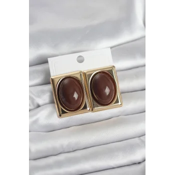 Kahverengi Kare Model Vintage Gold Renk Kadın Küpe