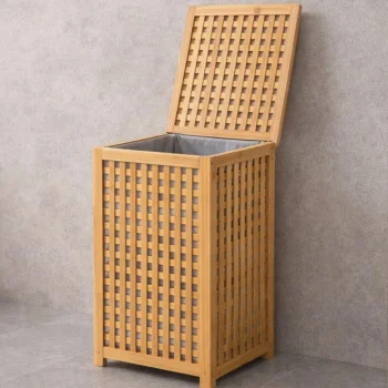 KALIN AHŞAP BAMBU KİRLİ ÇAMAŞIR SEPETİ KUMAŞ ÇANTALI SEPET=40X40X58CM (5047)