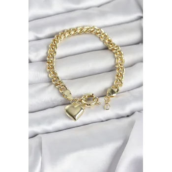 Kalp Detaylı Gold Renk Pirinç Kadın Bileklik