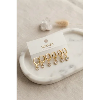 Kalp Zirkon Taşlı Gold Renk Pirinç Set Küpe