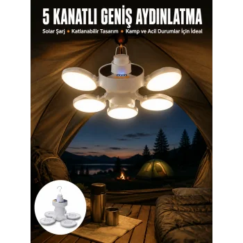 Kamp Lambası Işıldak Beyaz Işık Güneş Enerjili Solar Aydınlatma 5 Kanatlı Katlanabilir Yeni Nesil