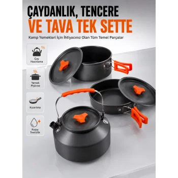 Kamp Pişirme Seti Hafif Alüminyum Tencere Tava Çaydanlık Piknik ve Karavan Mutfak Seti