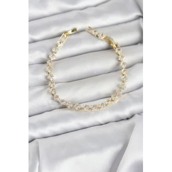 Kare Zirkon Taşlı Gold Renk Pirinç Su Yolu Kadın Bileklik