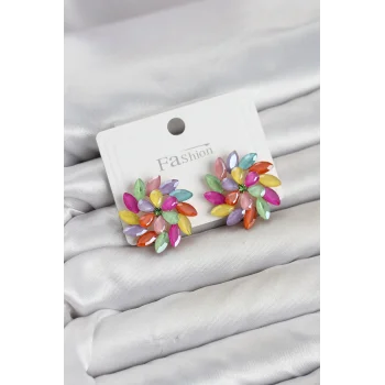 Karışık Renk Kristal Taşlı Çiçek Model Kadın Küpe