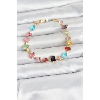 Karışık Renk Kristal Taşlı Kesimli Gümüş Renk Gema Kadın Bileklik