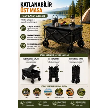 Katlanabilir Kamp Arabası Üst Tablalı 130 Kg Taşıma Kapasiteli Geniş Tekerlekli Çekçek