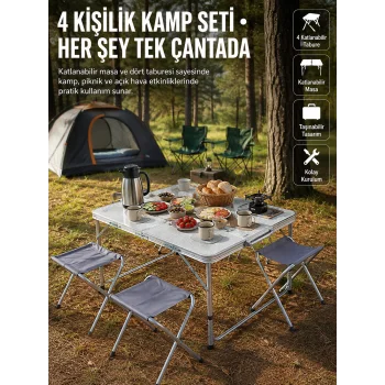 Katlanabilir Kamp Masası ve 4 Tabure Seti Taşınabilir Alüminyum Gövdeli Piknik Masası