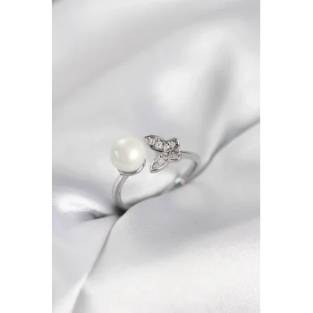 Kelebek İncili Model Gümüş Renk Zirkon Taşlı Kadın Yüzük