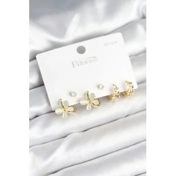 Kelebek Model Gold Renk Pirinç 925 Ayar Gümüş Çivili Kadın Küpe Seti