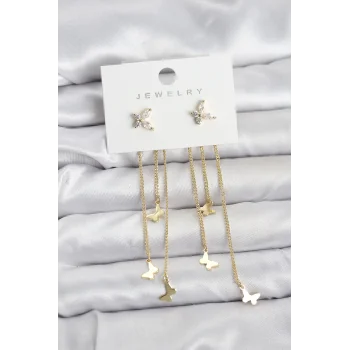 Kelebek Model Gold Renk Pirinç Sallantılı Kadın Küpe
