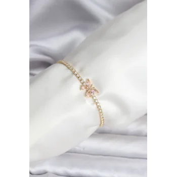Kelebek Model Zirkon Taşlı Gold Renk Pirinç Su Yolu Kadın Bileklik