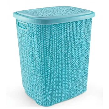 Kirli Çamaşır Sepeti Kapaklı 65 LT Örgü Desenli Plastik Çamaşır Sepeti Banyo Sepeti - Turkuaz