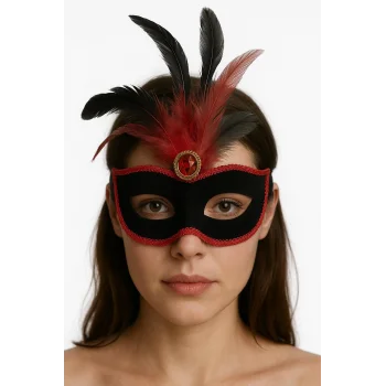 Kırmızı Dantelli Siyah Kırmızı Tüylü Siyah Süet Kaplama Parti Maskesi 17x25 cm