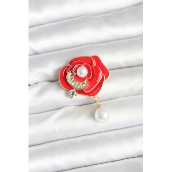 Kırmızı Gül İncili Model Broş