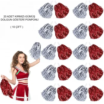 Kırmızı Gümüş Metalik Dolgun Gösteri Ponponu 20 Adet (10 Çift) (5047)