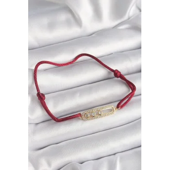 Kırmızı İpli Asansörlü Zirkon Taşlı Gold Messika Model Kadın Bileklik