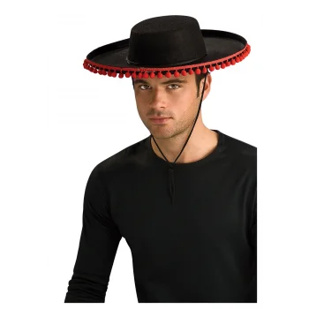 Kırmızı Ponponlu Siyah Renk Yetişkin İspanyol Şapkası