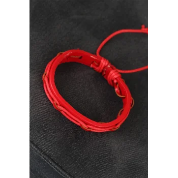 Kırmızı Renk Ayarlamalı İpli Deri Erkek Bileklik